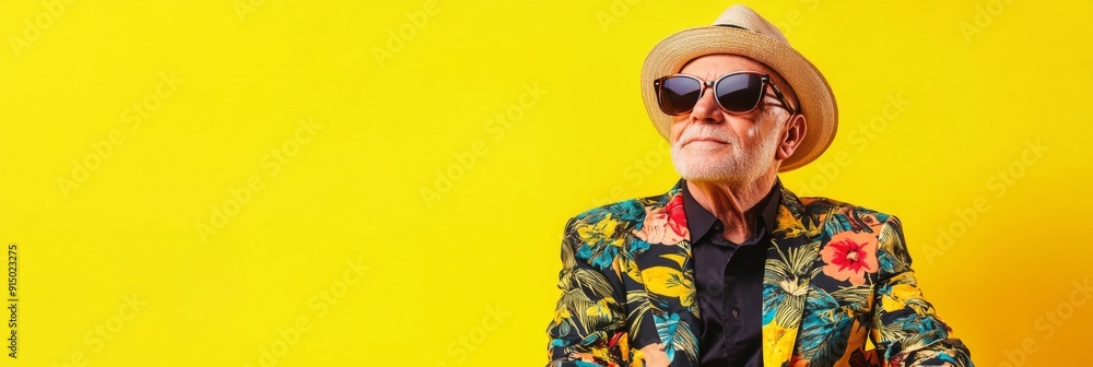 Fototapeta premium Confident Elderly Gentleman in a Vibrant Print Shirt and Orange Sunglasses Striking a Pose on a Bright Yellow Background, Exuding Style, Confidence, and Personality
