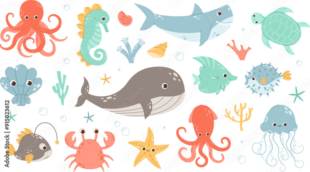 Cute sea animals, underwater creatures, fish, jellyfish, whale and octopus. Ocean aquatic animals, shark, turtle, crab vector symbols illustrations set. Underwater marine fauna Cute sea animals, underwater creatures, fish, jellyfish, whale and octopus. Ocean aquatic animals, shark, turtle, crab vector symbols illustrations set. Underwater marine fauna