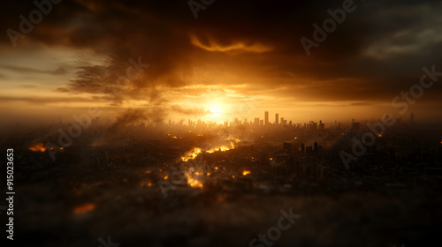 Apocalyptic Cityscape: A dramatic sunset casts an eerie glow over a burning metropolis, capturing the devastation of an unforeseen catastrophe.