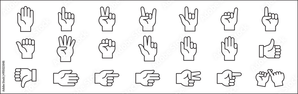 Hands gesture icon set. Hand finger signs set. Hands fingers symbol. included icons as palm, fist, bull, index, pinky, thumb up, counting and peace. Vector stock illustration in line style. Hands gesture icon set. Hand finger signs set. Hands fingers symbol. included icons as palm, fist, bull, index, pinky, thumb up, counting and peace. Vector stock illustration in line style.