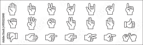 Hands gesture icon set. Hand finger signs set. Hands fingers symbol. included icons as palm, fist, bull, index, pinky, thumb up, counting and peace. Vector stock illustration in line style.