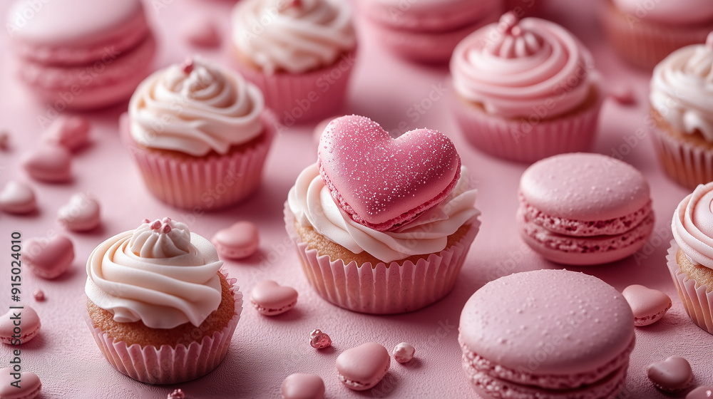 Pink Cupcakes and Macarons. Pink cupcakes and macarons decorated with heart shapes on a romantic setup. Pink Cupcakes and Macarons. Pink cupcakes and macarons decorated with heart shapes on a romantic setup.
