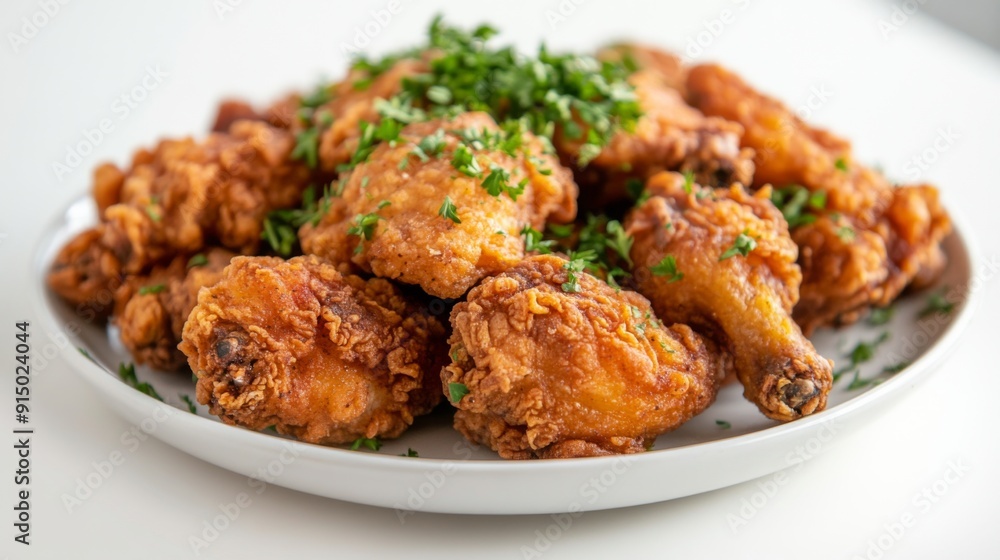 A beautifully arranged plate of fried chicken pieces, garnished with fresh parsley, on a white background. A beautifully arranged plate of fried chicken pieces, garnished with fresh parsley, on a white background.