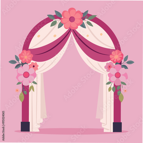 Elegant Wedding Arch with Floral Decorations and Draped Curtains for a Stunning Ceremony photo