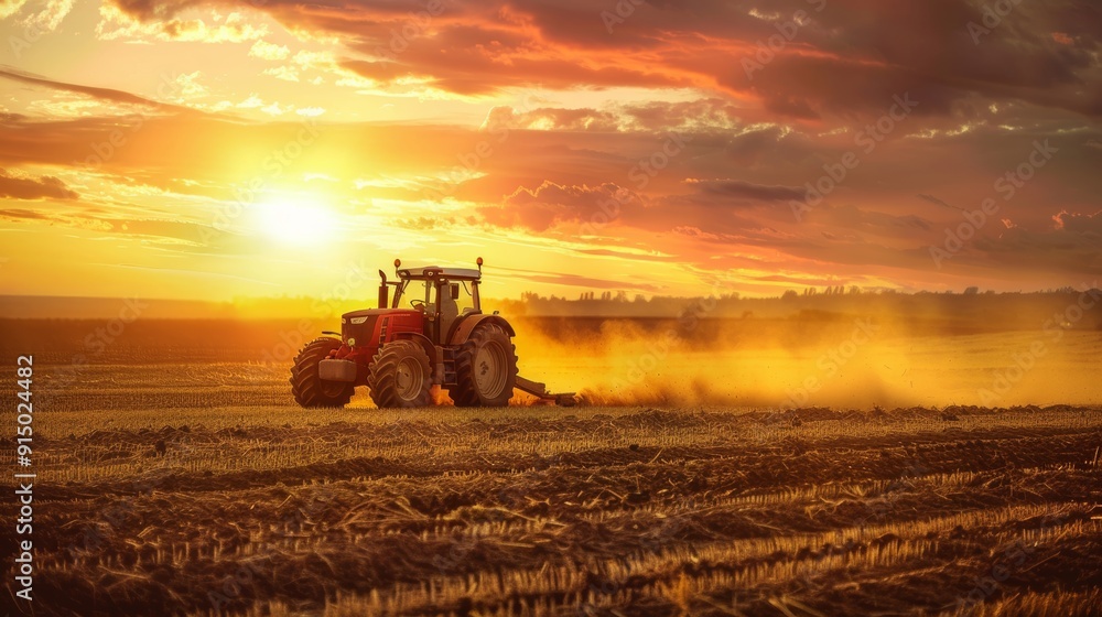 Fototapeta premium Tractor at work in sunrise field golden morning light on landscape realistic photo