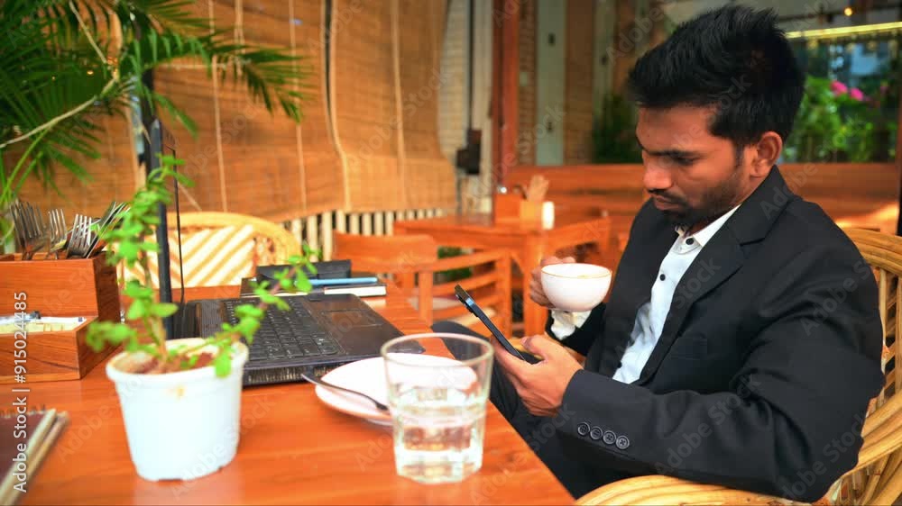 Businessman Using Phone While Drink Coffee Businessman Using Phone While Drink Coffee