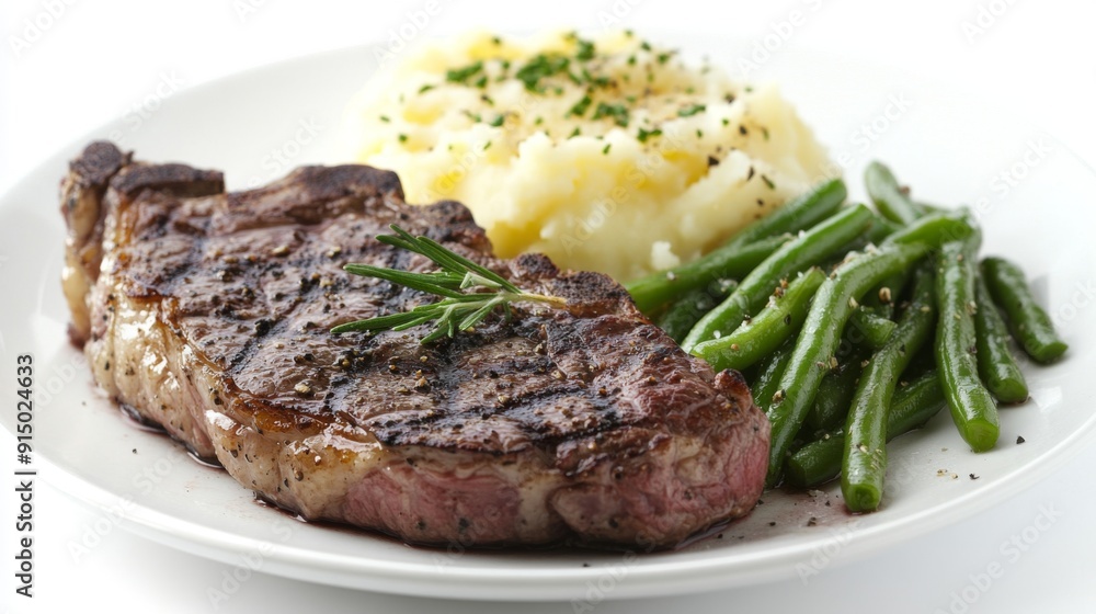 A beautifully presented steak dish with a bone-in ribeye, creamy mashed potatoes A beautifully presented steak dish with a bone-in ribeye, creamy mashed potatoes