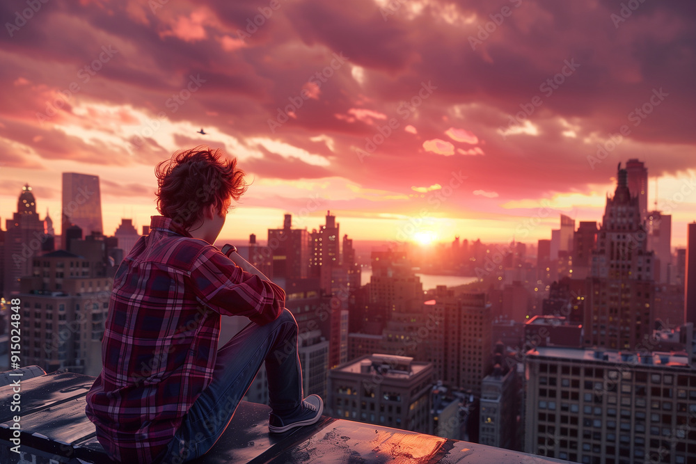 Teen kid sitting alone on a rooftop at sunset. Generative AI Teen kid sitting alone on a rooftop at sunset. Generative AI