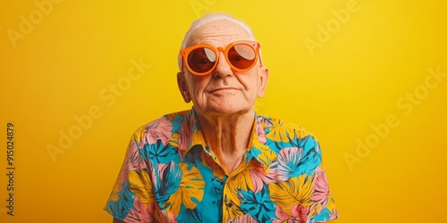 Confident Elderly Gentleman in a Vibrant Print Shirt and Orange Sunglasses Striking a Pose on a Bright Yellow Background, Exuding Style, Confidence, and Personality