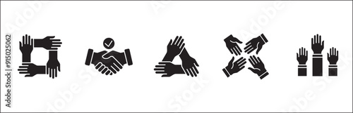 Teamwork icon. Cooperation hands icon set. Collaboration symbol. Business co-worker sign. Icons of brotherhood, relation, connection, partnership. Vector isolated illustration in flat solid design