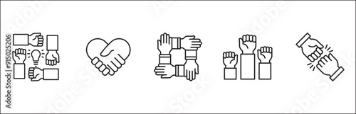 Teamwork icon. Cooperation hands icon set. Collaboration symbol. Business co-worker sign. Icons of brotherhood, relation, connection, partnership. Vector isolated illustration in line style design