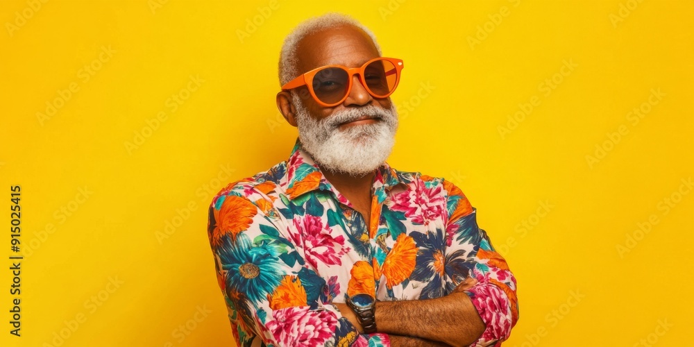 Confident Elderly Gentleman in a Vibrant Print Shirt and Orange Sunglasses Striking a Pose on a Bright Yellow Background, Exuding Style, Confidence, and Personality Confident Elderly Gentleman in a Vibrant Print Shirt and Orange Sunglasses Striking a Pose on a Bright Yellow Background, Exuding Style, Confidence, and Personality