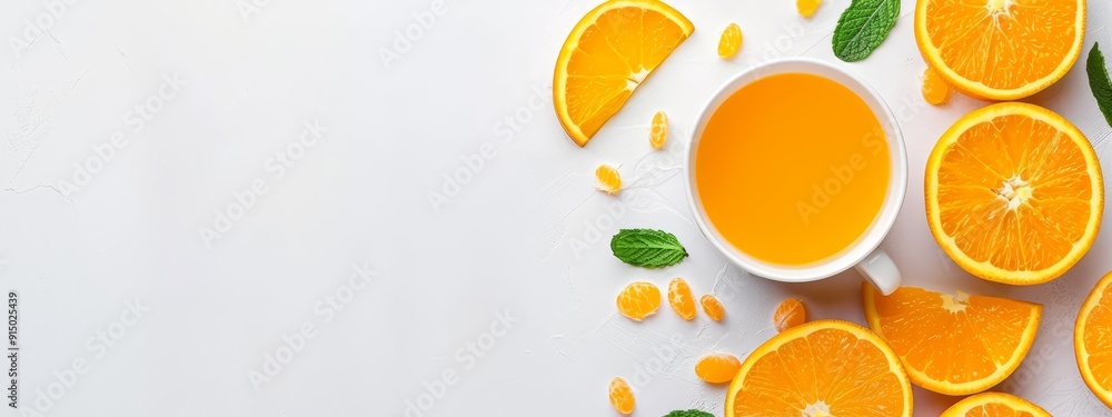 an orange juice cup surrounded by oranges in slices and scattered mint leaves an orange juice cup surrounded by oranges in slices and scattered mint leaves