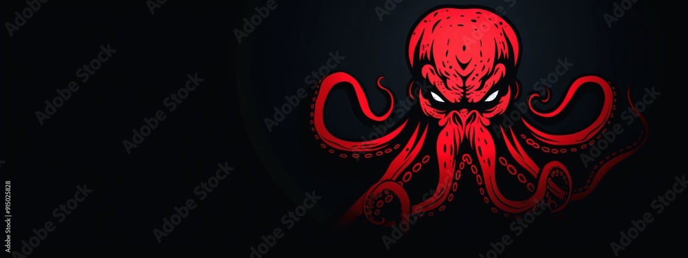 Red octopus against black backdrop Its head features a radiant red light, while its expression conveys malevolence Red octopus against black backdrop Its head features a radiant red light, while its expression conveys malevolence