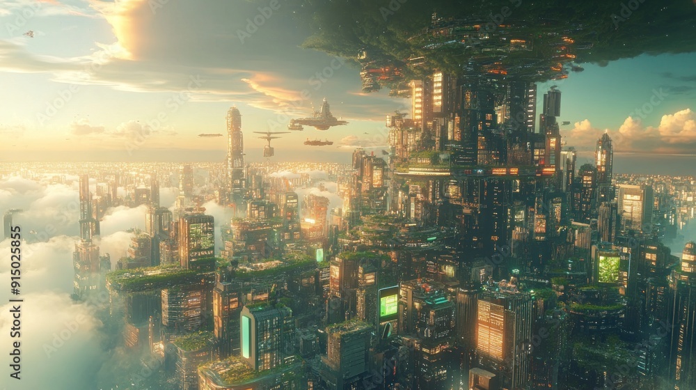 Obraz premium Futuristic Cityscape with Flying Vehicles