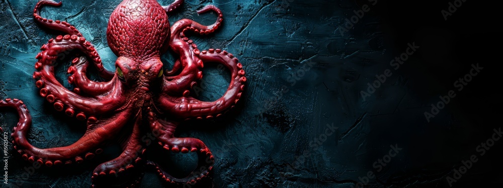 Obraz premium A large red octopus rests atop a blue wall, its head adorned with a smaller red octopus against a backdrop of a black wall
