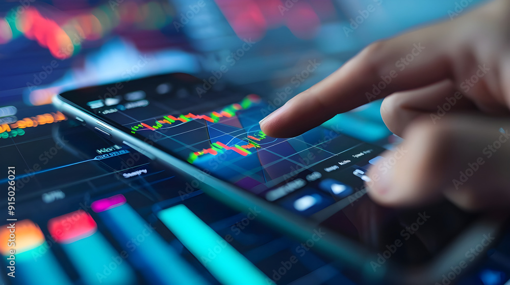 The device screen displays graphs and diagrams, analytical data for the stock market. The device screen displays graphs and diagrams, analytical data for the stock market.