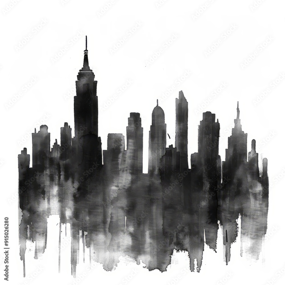Fototapeta premium Watercolor painting of a grayscale city skyline, on isolated white background