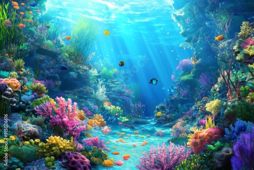 Enchanted Underwater Coral Garden with Animated-Style Marine Life, a Fantasy Seascape Bursting with Color and Wonder