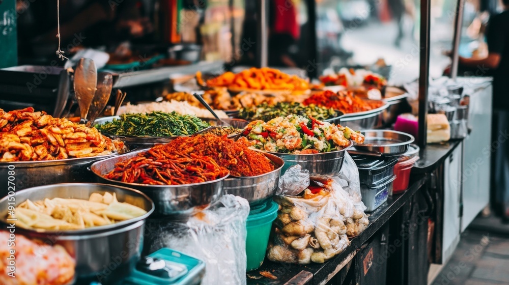 Obraz premium A bustling food market stall selling a mix of Thai and Indian street foods, with colorful dishes and aromatic spices on display.