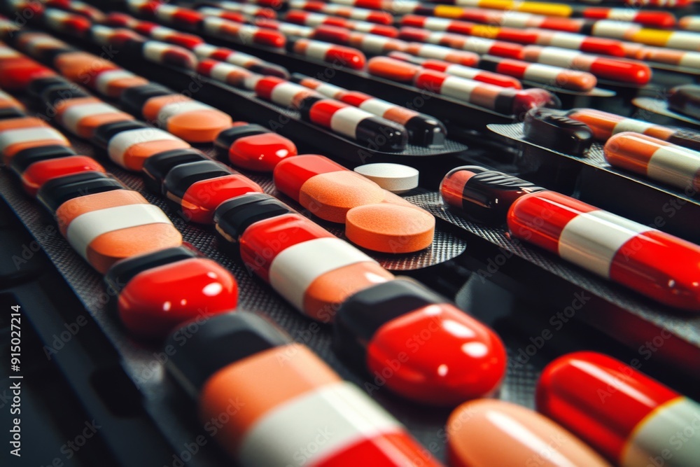 Fototapeta premium Conveyor belt with red and white capsules in a high tech pharmaceutical facility symbolizing automation and precision in modern medicine captured in a bright detailed environment