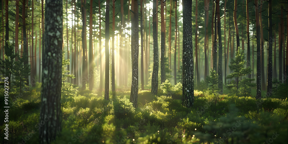Sunlight Through Tall Pine Trees in a Forest Sunlight Through Tall Pine Trees in a Forest