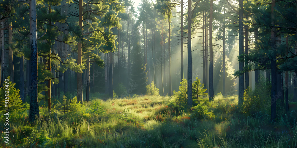 Sunbeams Through Tall Pine Trees in a Lush Forest - Realistic Image Sunbeams Through Tall Pine Trees in a Lush Forest - Realistic Image