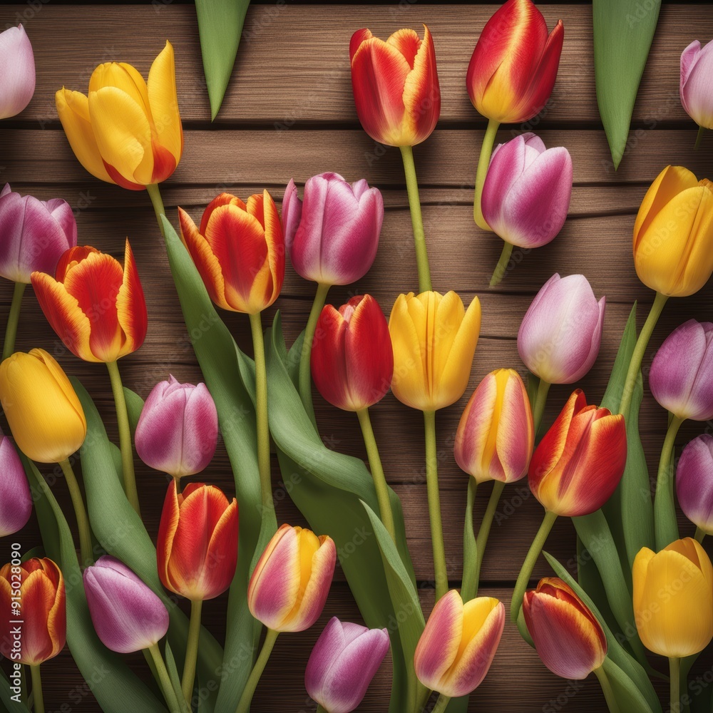 Vibrant tulips in various colors against wooden slat backdrop. Vibrant tulips in various colors against wooden slat backdrop.