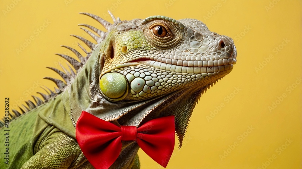 Fototapeta premium Green iguana with a red festive bow on its neck isolated on yellow background. Banner with copy space. Close up, side view. National Iguana Awareness Day 