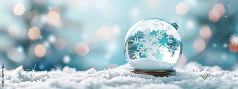 A snow globe atop a snowy mound against a backdrop of blue, adorned with floating flakes A snow globe atop a snowy mound against a backdrop of blue, adorned with floating flakes