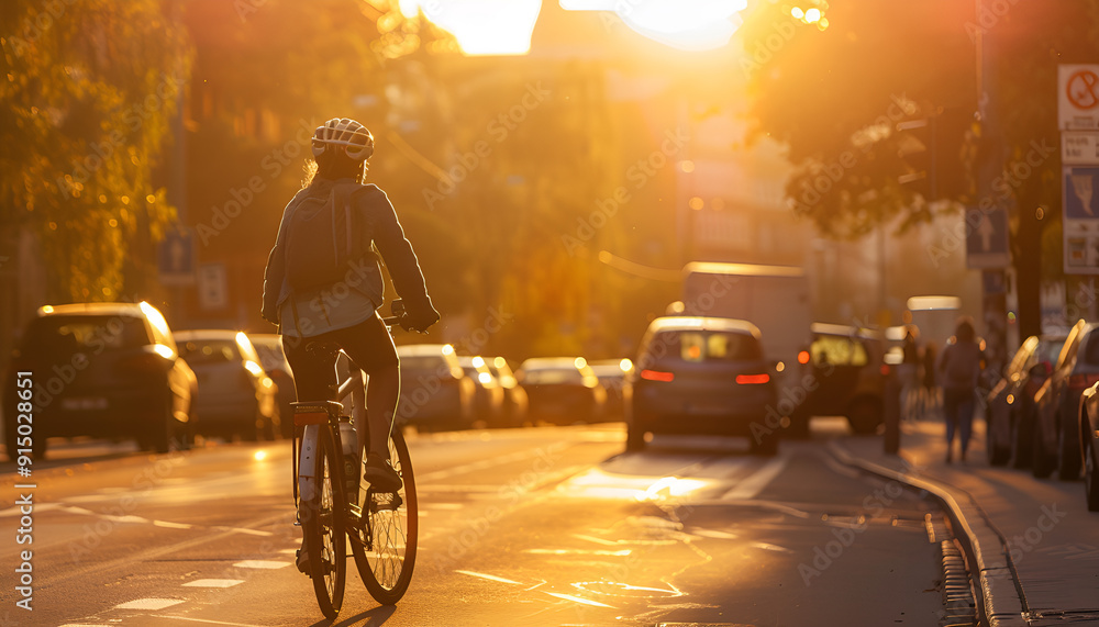 Bicyclist riding through a sunrise-lit street, Monday morning, active and eco-friendly Bicyclist riding through a sunrise-lit street, Monday morning, active and eco-friendly