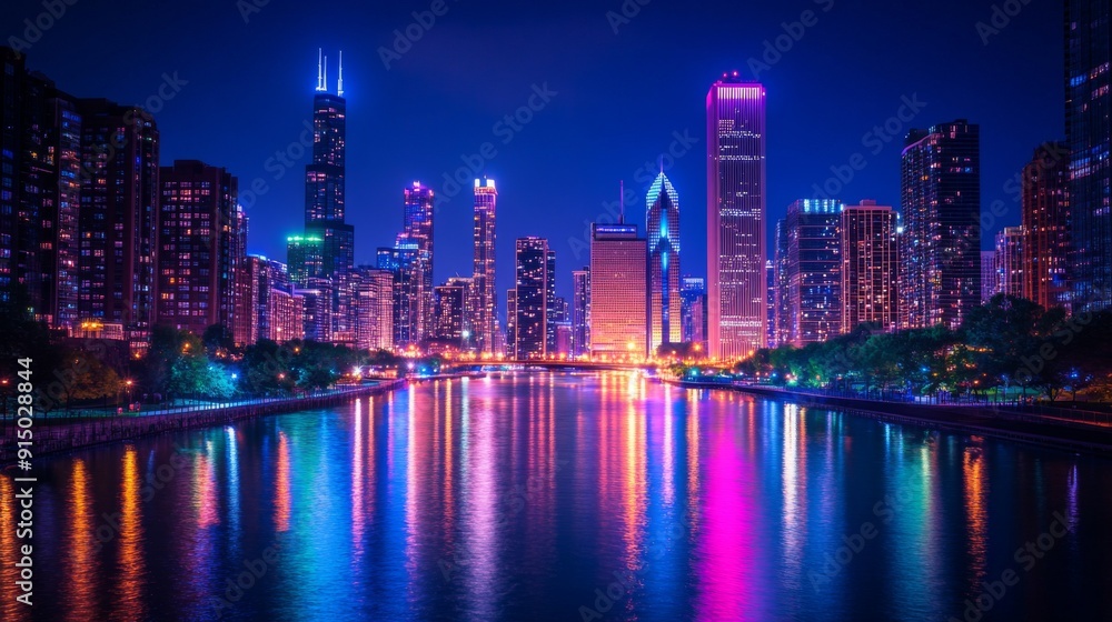 A city skyline lit up at night with colorful lights and reflections on a river, capturing the vibrant nightlife atmosphere. A city skyline lit up at night with colorful lights and reflections on a river, capturing the vibrant nightlife atmosphere.