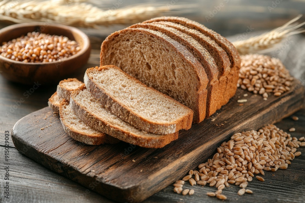 Photo of Whole grain bread on wooden table , Generative AI Photo of Whole grain bread on wooden table , Generative AI