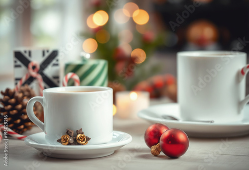 A clos-up shoto of a cozy Christmas coffee setup, blurred background photo