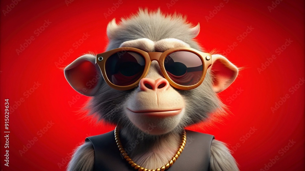 A monkey wearing oversized sunglasses, striking a cool pose, isolated on red background , copy space,generative ai A monkey wearing oversized sunglasses, striking a cool pose, isolated on red background , copy space,generative ai