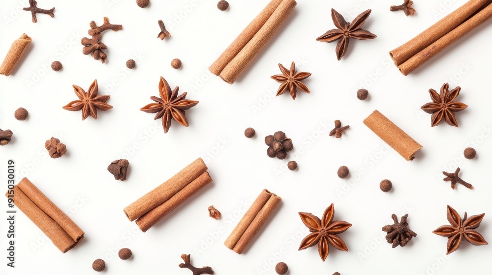 A clean, white background featuring an array of whole spices like cinnamon sticks, star anise, and cloves. A clean, white background featuring an array of whole spices like cinnamon sticks, star anise, and cloves.