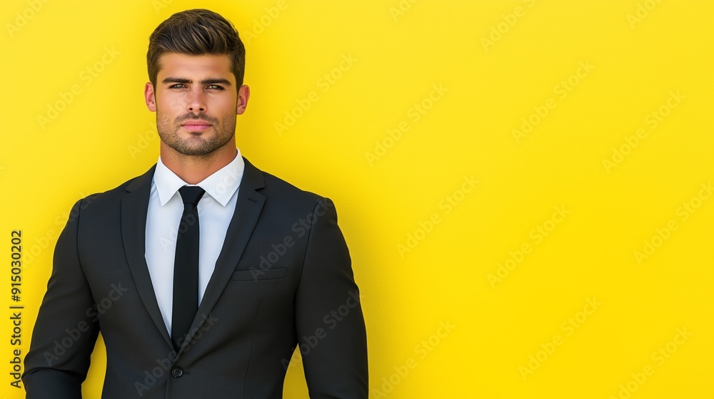 A man in a suit and tie stands in front of a yellow wall. Concept of professionalism and formality, as the man is dressed in a business suit and tie A man in a suit and tie stands in front of a yellow wall. Concept of professionalism and formality, as the man is dressed in a business suit and tie