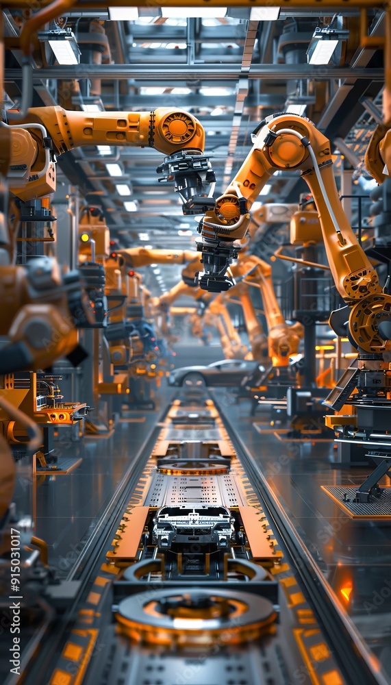 Robotic assembly line in automotive factory, robots building car components in workshop Robotic assembly line in automotive factory, robots building car components in workshop