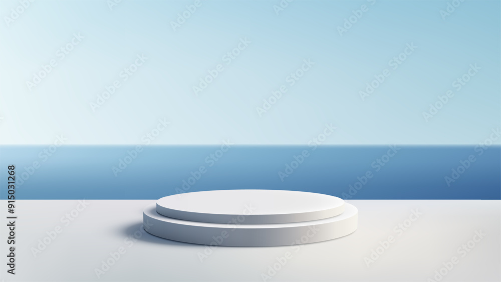 Minimalist 3D White Podium on White Surface with Serene Blue Ocean and Bright Sky Background for Product Display Minimalist 3D White Podium on White Surface with Serene Blue Ocean and Bright Sky Background for Product Display