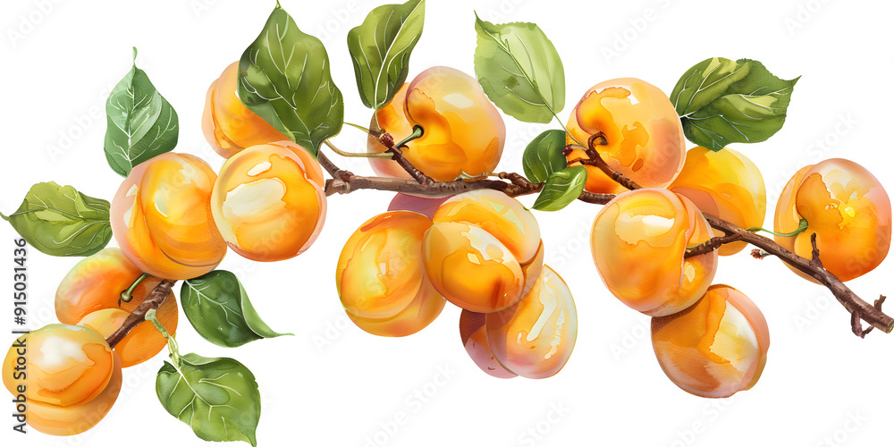 Obraz premium Apricot watercolor drawing of a branch with leaves and apricot fruits 