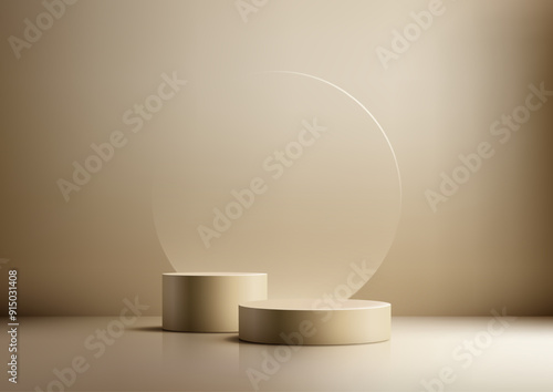 3D Beige Cylindrical Podiums on Reflective Surface with Glass Backdrop Against Neutral Wall for Elegant Product Display, Mockup, and Showroom