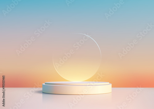 Twilight Blue Sky Background with 3D White Podium and Glowing Circle Glass Backdrop for Nature Concept Product Display and Mockup