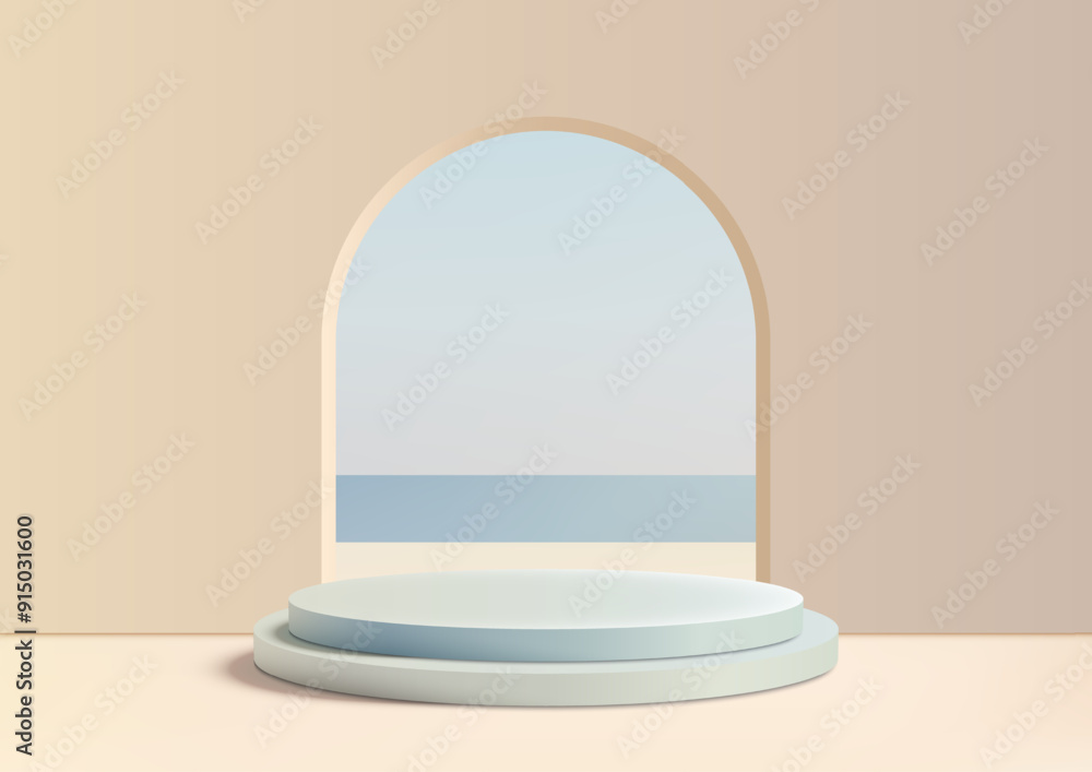 Minimalist 3D Soft Blue Podium with Arched Doorway and Ocean View for Nature Inspired Product Display Minimalist 3D Soft Blue Podium with Arched Doorway and Ocean View for Nature Inspired Product Display