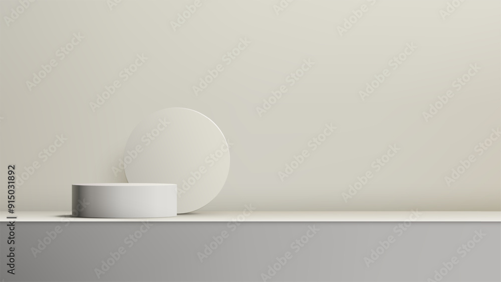 Minimalist 3D White Cylindrical Podium with Large Circle on Neutral Beige Backdrop | Modern Product Display, Mockup, and Showroom Minimalist 3D White Cylindrical Podium with Large Circle on Neutral Beige Backdrop | Modern Product Display, Mockup, and Showroom