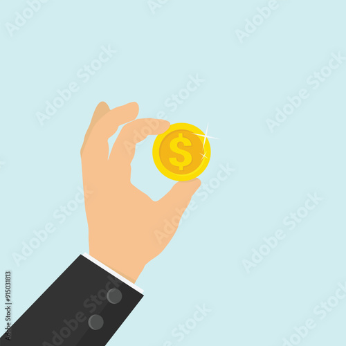 Hand in a suit holding a gold coin with a dollar sign on it. Vector illustration in flat style. Concept of money, finance or wealth