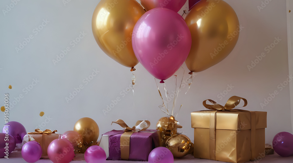 balloons and presents are on a table with gold and pink balloons balloons and presents are on a table with gold and pink balloons