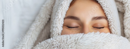  A tight shot of a person with a blanket over their head and eyes shut, immersed in the midst of it