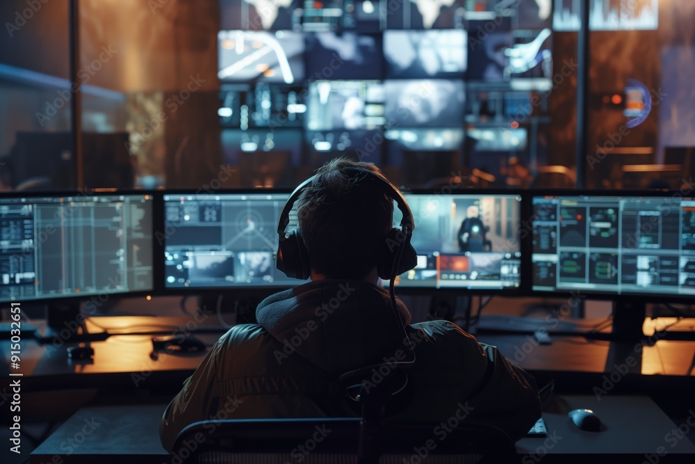 The operator sits at a workstation with multiple screens in the center The operator sits at a workstation with multiple screens in the center