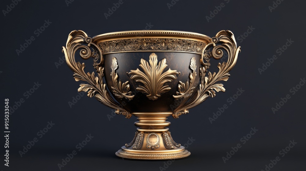 A golden trophy with ornate details on a black background. A golden trophy with ornate details on a black background.
