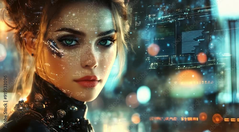 Cyberpunk woman scene with transparent data on screen, Slow motion camera with different angles Cyberpunk woman scene with transparent data on screen, Slow motion camera with different angles
